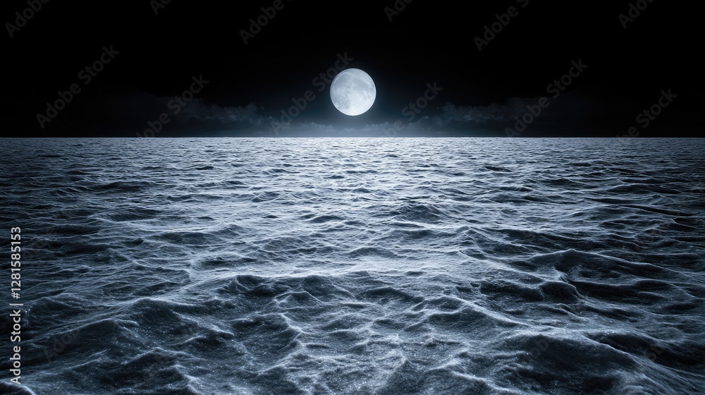 Full moon over calm ocean at night, serene seascape Full moon over calm ocean at night, serene seascape
