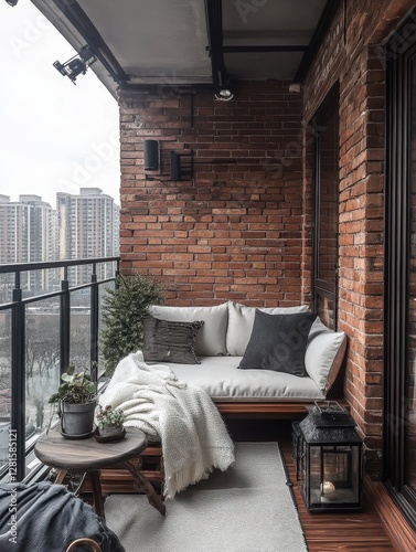 A Balcony with a Couch Furnishings and Brick Wall