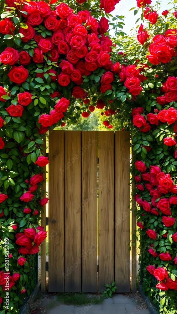 Naklejka premium wooden gate, set within a lush garden overflowing with vibrant red roses
