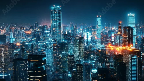 Nighttime city skyline with vibrant lights and activity