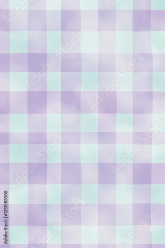Illustration of a soft, pastel gingham pattern in shades of lavender and mint, evoking a vintage, Southern charm. The classic checkered design adds a touch of timeless elegance to any fashion or decor