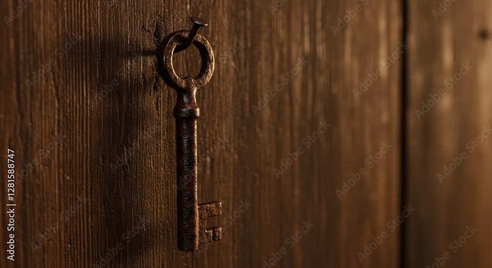 Antique key hanging evokes forgotten memories and rustic textures Antique key hanging evokes forgotten memories and rustic textures