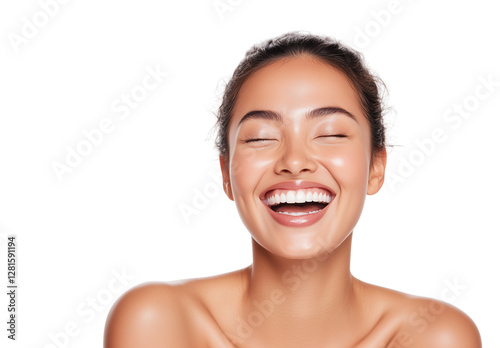 A beautiful woman with healthy, glowing skin is smiling joyfully, isolated on a white background