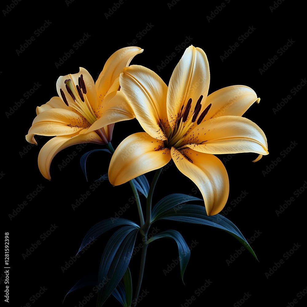 Fototapeta premium Two yellow lilies in full bloom against a black background