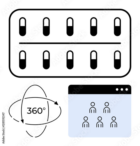 Medicine capsules in blister pack, 360-degree rotation symbol, group of users in online platform. Ideal for healthcare, technology, virtual meetings, pharmaceuticals, innovation, digital