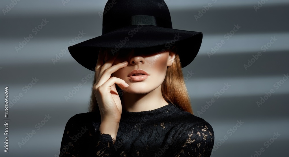 Mysterious young caucasian female in black hat and lace dress with chic style Mysterious young caucasian female in black hat and lace dress with chic style