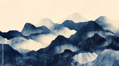 Abstract blue ink wash painting of mountains.