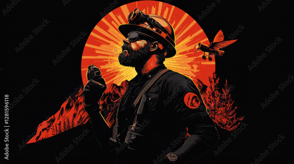 Retro style coal miner poster with strong typography and sunset Retro style coal miner poster with strong typography and sunset