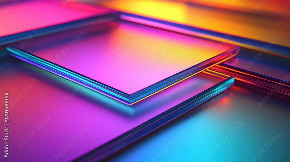 Vibrant frosted glass surfaces layered with colorful reflections and light Vibrant frosted glass surfaces layered with colorful reflections and light
