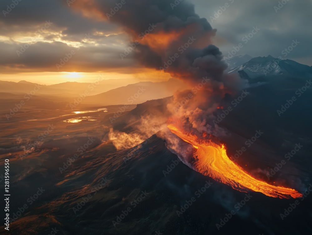 Fototapeta premium Volcanic eruption paints the sky with fire as molten lava flows down the slopes under a dramatic cloudy backdrop