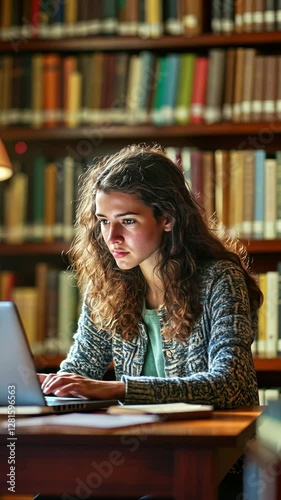 Young woman studying intently at a library desk with laptop and books on display during daytime