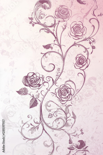 Illustration of an elegant lace inspired floral pattern in soft pastel hues, incorporating delicate roses and swirling vines. The intricate detailing gives it a vintage and romantic feel, perfect for