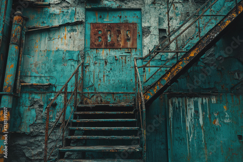 Rust-covered staircase leads to a sealed entrance in a faded turquoise industrial structure, capturing the essence of forgotten times and hidden stories photo