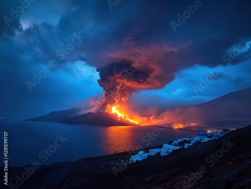 Spectacular volcanic eruption illuminates the night sky with molten lava and ash clouds over a coastal landscape photo