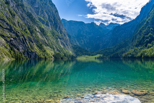 Beautiful panorama view of Obersee Lake near Koenigssee with Bavarian alps in background on Berchtesgadener Land in summer, Schoenau, Berchtesgaden, Bavaria, Germany