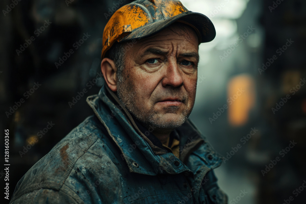Weathered laborer reflects on a hard day's work in a dimly lit industrial setting filled with echoes of machinery and memories Weathered laborer reflects on a hard day's work in a dimly lit industrial setting filled with echoes of machinery and memories