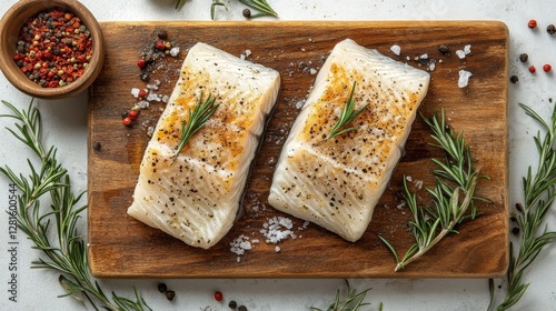 Wallpaper Mural Delicious Baked Cod Fillet with Rosemary and Spices on Wooden Board Torontodigital.ca