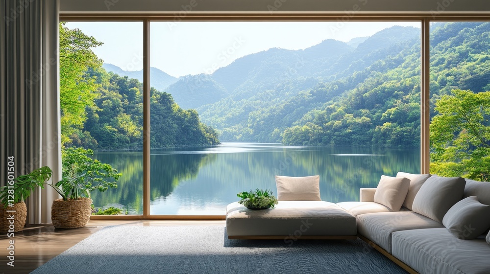 Fototapeta premium Serene Lakeside Living Room with Panoramic Mountain View