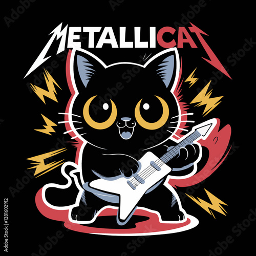 A stylized black cat with large, expressive yellow eyes. The cat is holding a white electric guitar and appears to be playing it. Above the
cat, there's a playful take on the word 'METALLICAT'