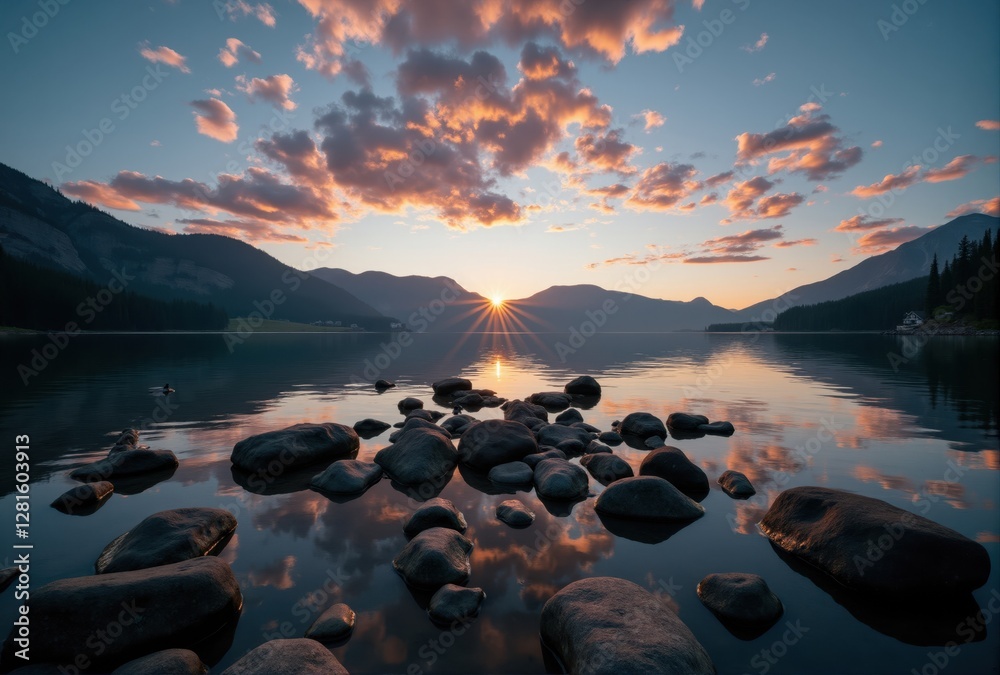 Obraz premium Mountain Lake Sunset with Rocks