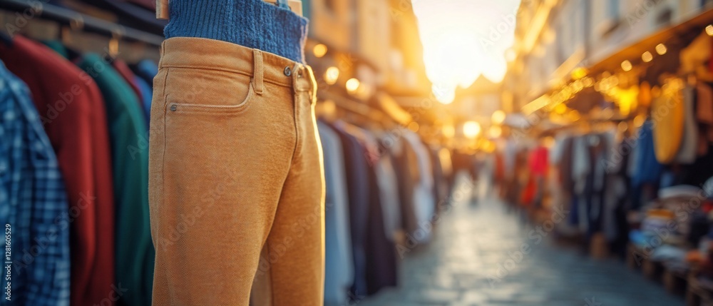 Obraz premium Vintage pants display, outdoor market, sunset glow