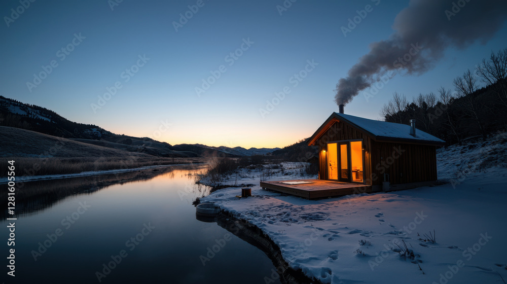 Fototapeta premium cozy wooden cabin by river, heated with geothermal energy