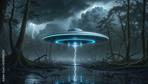 A flying saucer hovers above a murky swamp, casting an eerie glow in the dark surroundings. Lightning forks through the clouds, illuminating the dense trees
