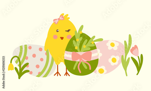 Easter chick with decorated eggs and spring flowers vector illustration