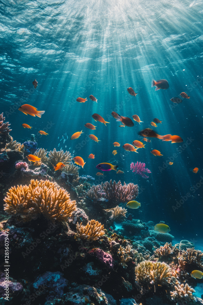 Obraz premium Illustration of a vibrant coral reef under clear blue water, teeming with life. Colorful fish swim among the coral, while rays of sunlight penetrate the surface, casting a mesmerizing glow over the