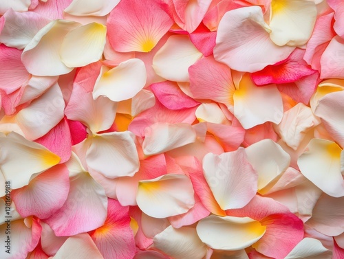 Delicate rose petals create a romantic tapestry in soft pink and creamy white hues photo