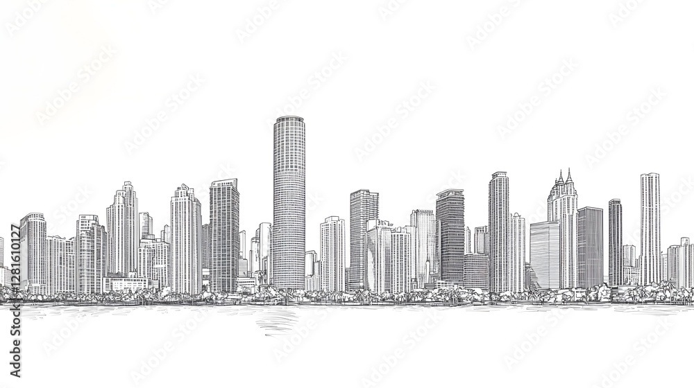 Fototapeta premium Detailed Ink Outline Skyline of Modern City Landmarks for Luxury Invitation