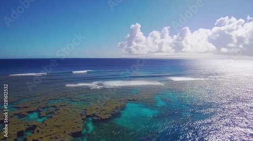 Aerial View of Ocean Reef and Rolling Waves under Blue Sky