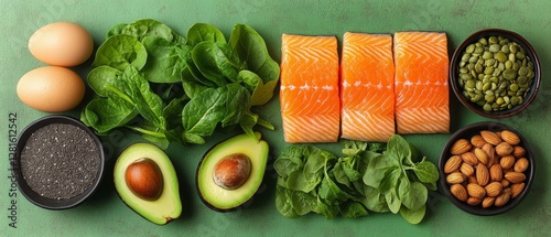 Wallpaper Mural Healthy Diet Food Salmon, Eggs, Avocado, Spinach, Chia Seeds, Almonds, and Pumpkin Seeds Torontodigital.ca