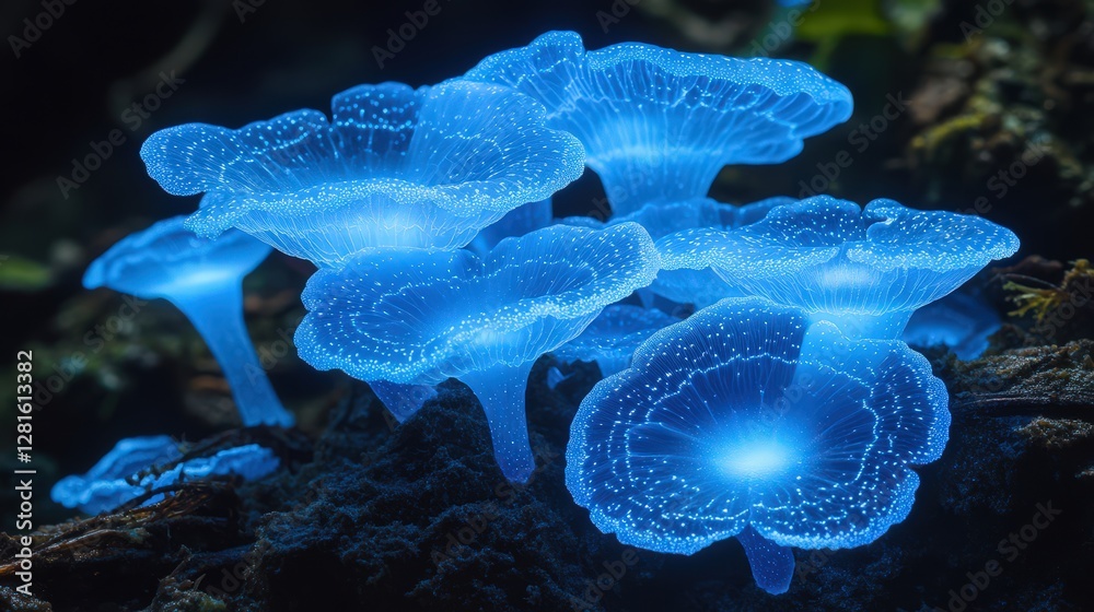 Naklejka premium Mysterious glowing mushrooms illuminate a forest with enchanting blue hues at night