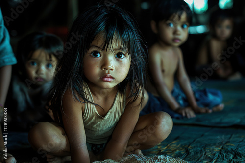 Captivating expressions of children in a dimly lit village setting during the early morning light photo