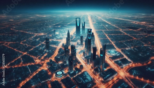 Top view of Riyadh at night modern city illuminated by street lights glowing satellite effect