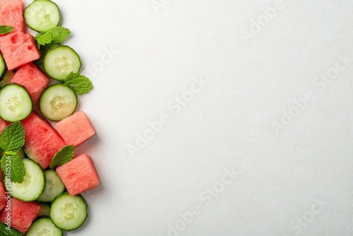 Fresh watermelon and cucumber slices arranged artistically with