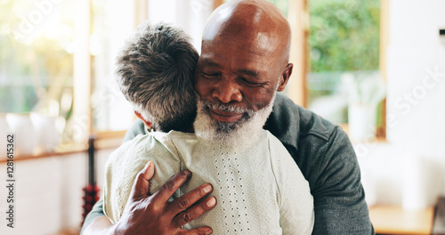 Mature, happy couple and hug with love for embrace, support or bonding moment together at home. Senior man, woman or lovers with smile, comfort or affection for relief, emotional healing or feeling