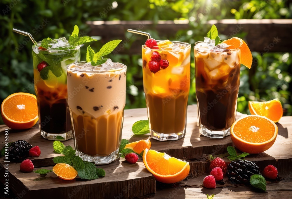vibrant iced coffee set bright summer backdrop colorful fruit garnishes refreshing ice cubes, drink, beverage, fruits, cool, freshness, glass, condensation vibrant iced coffee set bright summer backdrop colorful fruit garnishes refreshing ice cubes, drink, beverage, fruits, cool, freshness, glass, condensation
