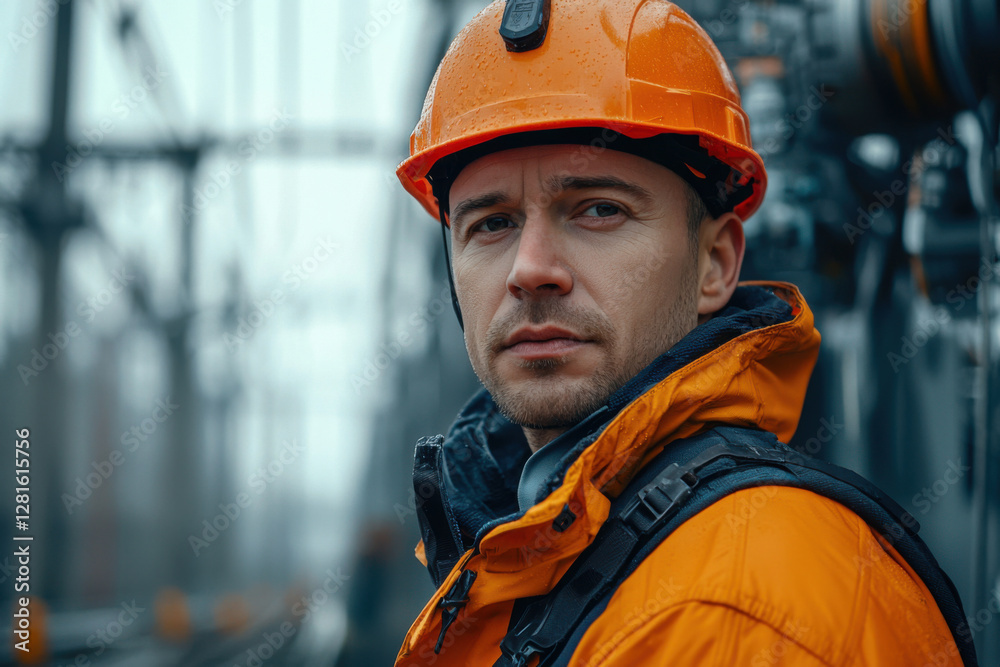Focus on the dedicated worker under overcast skies at a railway site, showcasing resilience and commitment in challenging weather conditions Focus on the dedicated worker under overcast skies at a railway site, showcasing resilience and commitment in challenging weather conditions