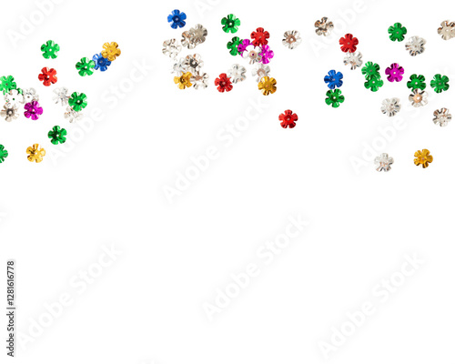 Colorful flower shaped confetti scattered on transparency background, creating festive atmosphere