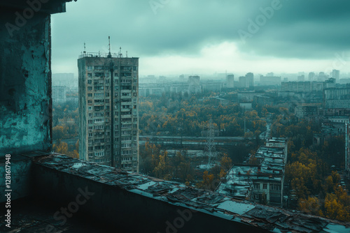 Desolate urban landscape reveals a haunting beauty overcast by gray clouds and a quiet cityscape adorned with autumn colors photo