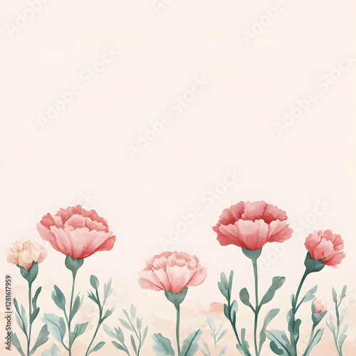 A cute Border Carnation up horizontal border, with minimal details and a simple illustration. Watercolor botanical banner for the design of invitations, cards, congratulations, announcements photo