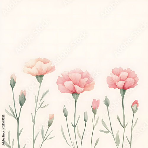 Carnation horizontal border, with minimal details and a simple illustration. Watercolor botanical banner for the design of invitations, cards, congratulations, announcements, sales, stationery photo