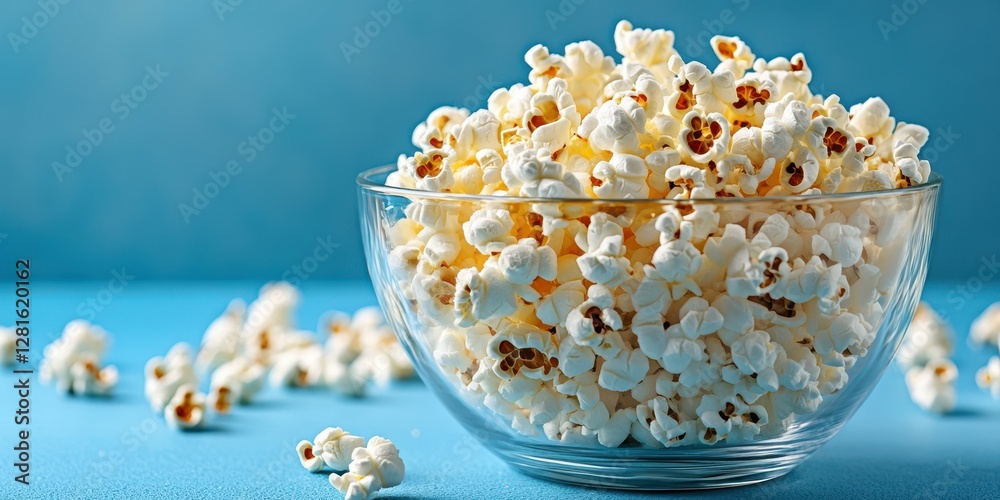 Freshly popped popcorn in a clear bowl on a vibrant blue surface Freshly popped popcorn in a clear bowl on a vibrant blue surface