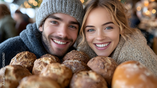 Happy couple at winter market, smiling, bread in foreground, festive background; ideal for food, travel, or romance themes photo