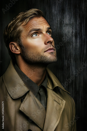Pensive male character for a book gazing upwards in a light brown coat against textured background