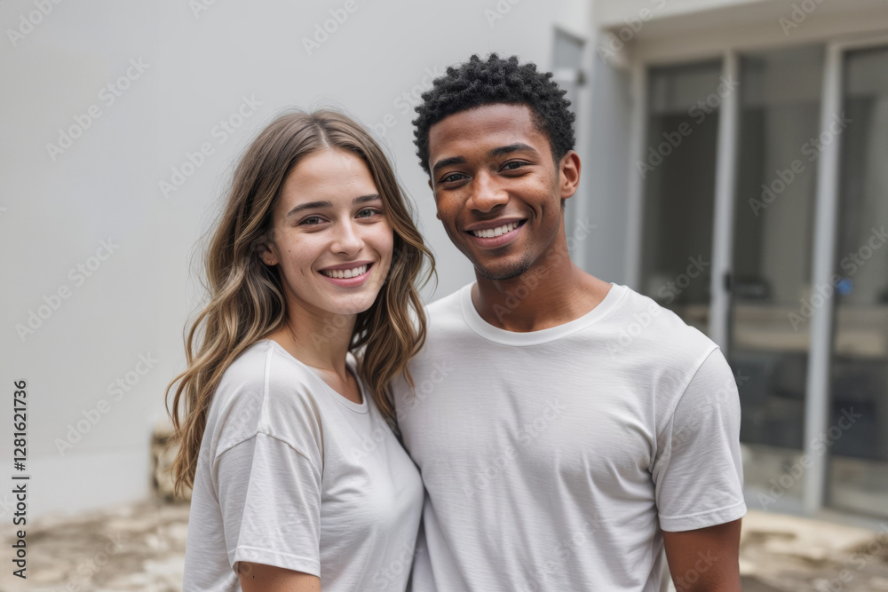 Obraz premium A beautiful, cheerful diverse couple is standing together, smiling and enjoying a happy moment of connection.