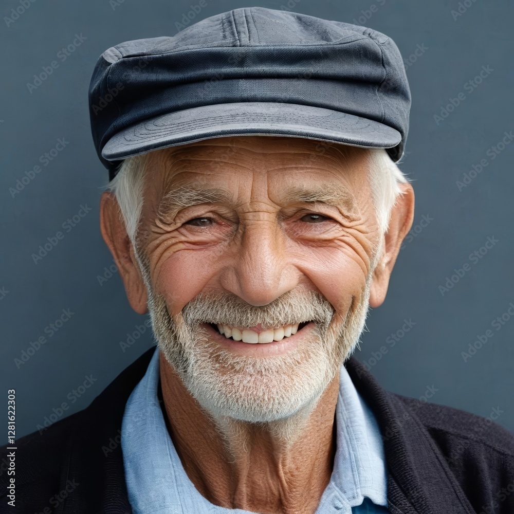 A smiling senior man with a cap exudes warmth and character in this close-up portrait. A smiling senior man with a cap exudes warmth and character in this close-up portrait.