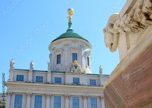 Potsdam, Germany - July 2 2015: Close-Up of Fortunaportal in Potsdam, Germany. Baroque Gateway with Golden Fortuna Statue